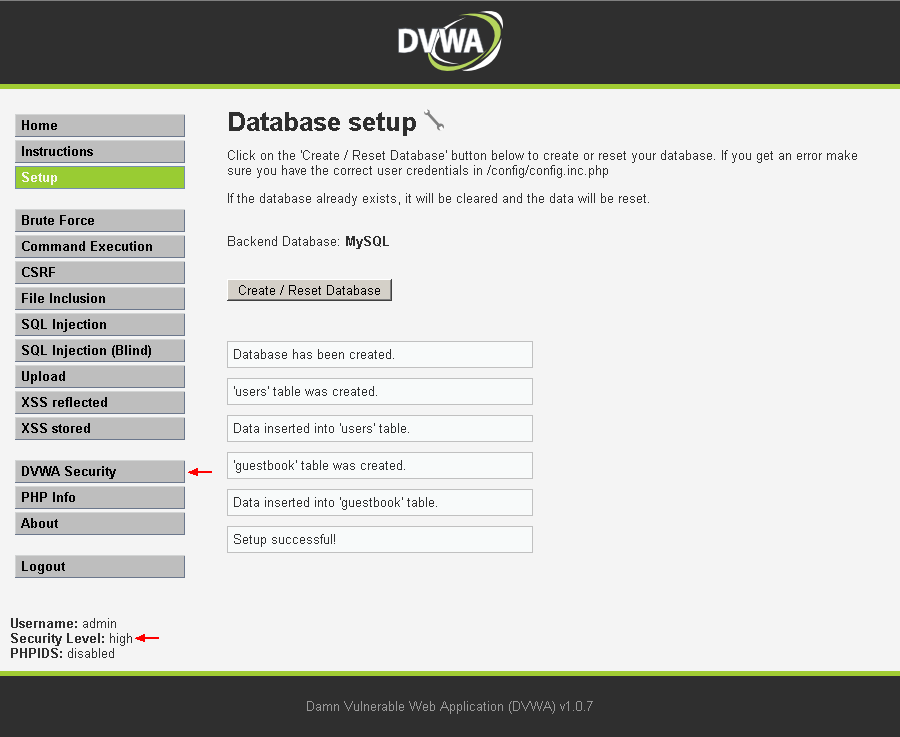 DVWA db_create